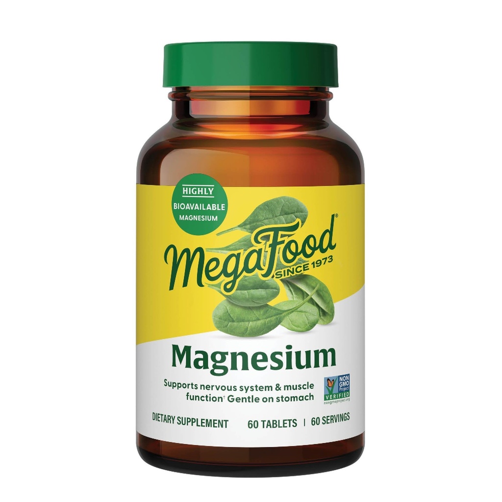 MegaFood Magnesium - Soporta el sistema nervioso del corazón - Suplemento Magnesio con Glycinate de Magnesio fermentado - Vegan, Gluten-Free, Non-GMO y Kosher - Hecho sin 9 Alérgenos Alimentarios - 60 Tabs