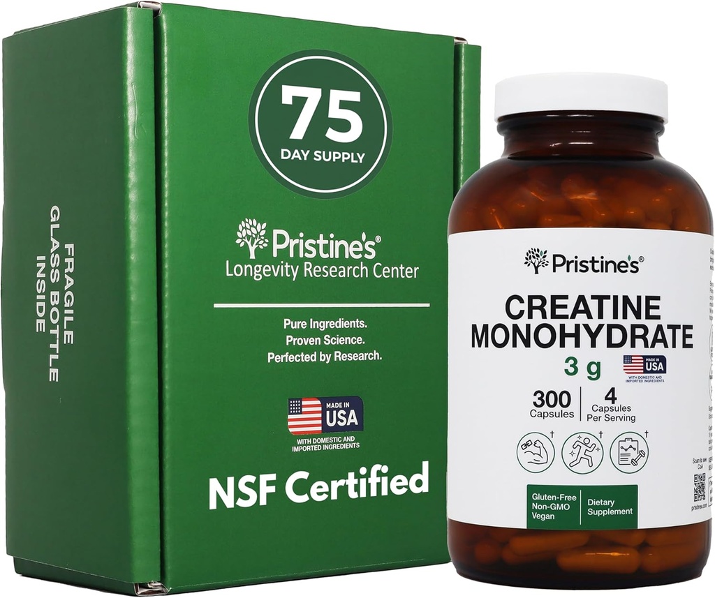 PriSTINE'S Creatine Monohydrate Capsules for Women &amp; Men - NSF Certificado 75 Day Supply 3G Muscle Growth Support Suplemento - Cognitive &amp; Athletic Performance Support - Enhanced Recovery