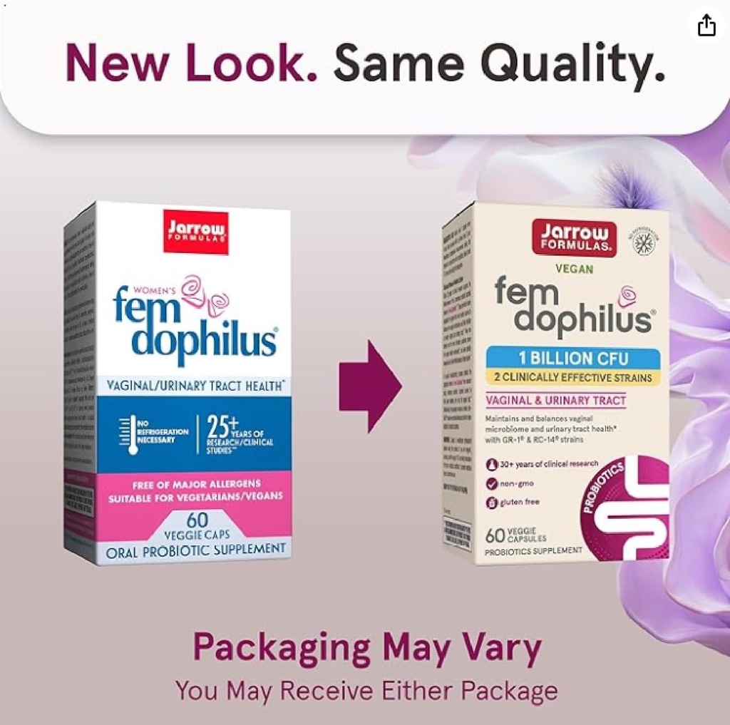 Fórmulas de Jarrow Fem-Dophilus - 1 billón de organismos por servicio - 60 cápsulas de verduras - Probiótico de mujeres - Salud de la tradición urinaria - hasta 60 servidumbres