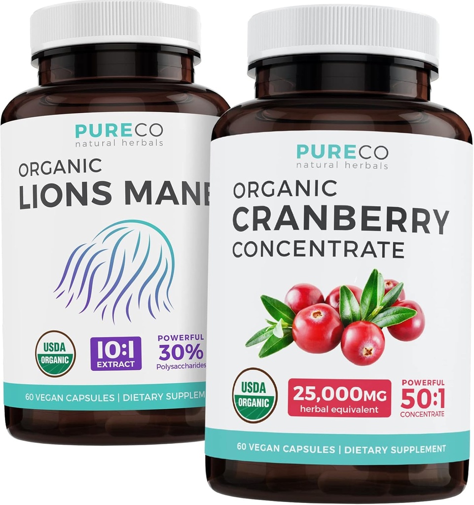 Guardar $4 (12% de descuento) - Mind & Body Bundle - Organic Cranberry Concentrate (50:1 Concentrate - Equals 25,000mg of Fresh Cranberries) y Organic Lions Mane (10:1 Extracto - Equals 10,000mg of Mushrooms)