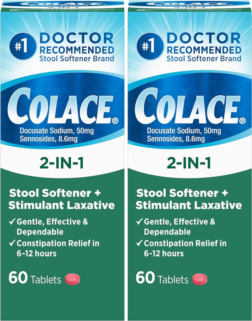 Colace Softener 2-en-1 Stool Plus Estimulante Laxante para el alivio eficaz del estreñimiento suave, Docusate Sodium Plus Sennosides, 60 Conde (Pack of 2)