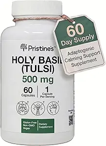 PriSTINE'S Holy Basil Capsules - 500 mg Gluten Free Immunity & Relax Support Adaptogen Suplemento - 60 Day Supply - Tulsi Holy Basil Leaf Extract Capsules - Vegan - Non-GMO