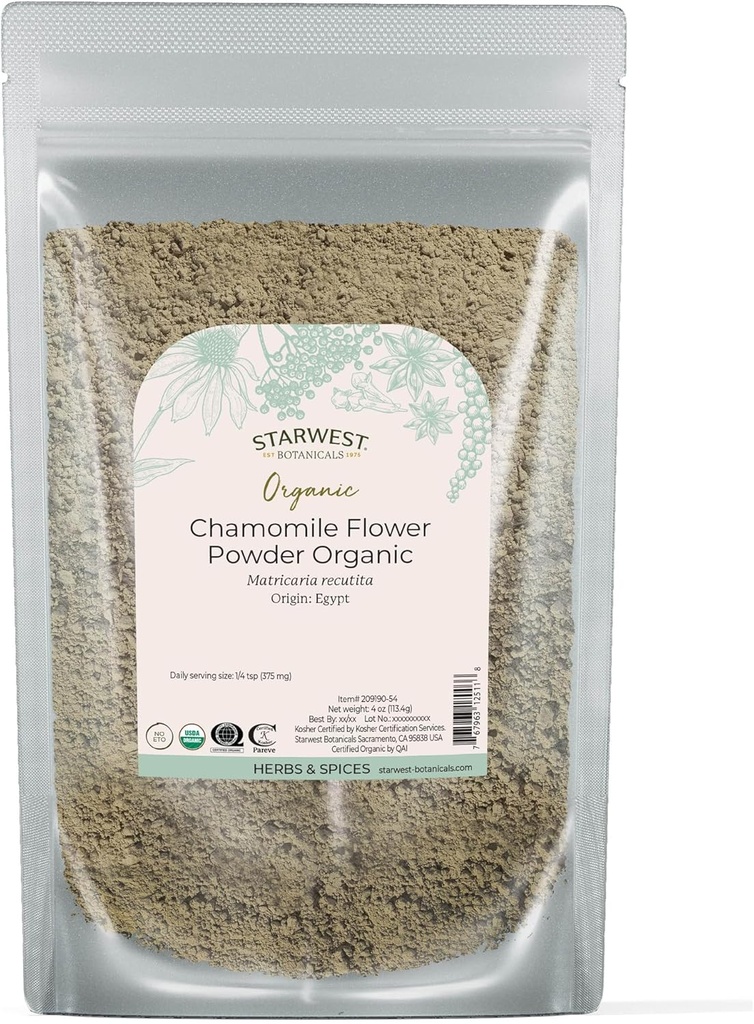 Starwest Botanicals Organic Chamomile Flower Powder - Dried Loose Leaf Herb for Tea, Herbal Lotions, & Baking, Sourced from Egypt, Certified Kosher, Non-GMO - 4 oz Pouch