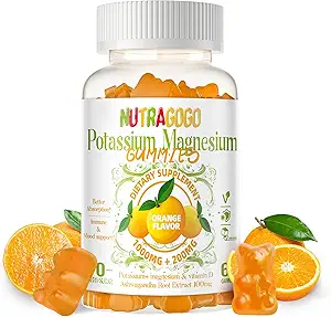 Potasio Magnesio Gummies,Potasio Suplemento w/Ashwagandha,Alta Absorción Magnesio Glycinate,B6,D3, Citrato de Potasio para cáñamo de las piernas,Muscle,Electroyte para adultos Niños,Sin azúcar, 60 Gummies