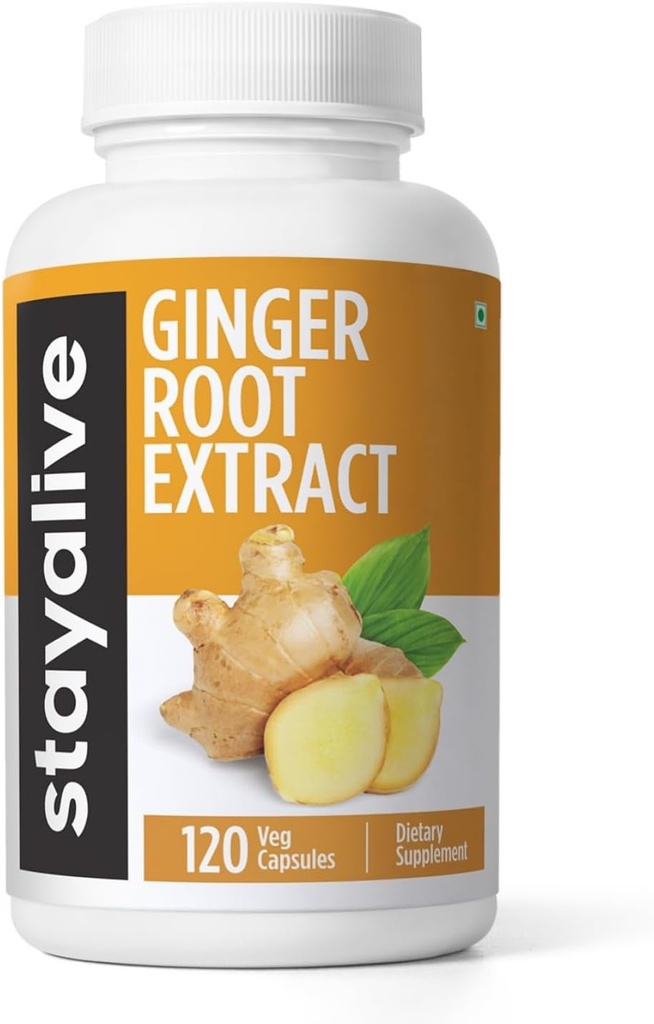 STAY ALIVE Pure Ginger Root Capsules 1000mg, 10:1 Extract Powder con 5% Gingerols, 120 Píldoras, Extra Strength Root Powder, Vegan, Non-GMO y Gluten-Free Ginger Suplemento