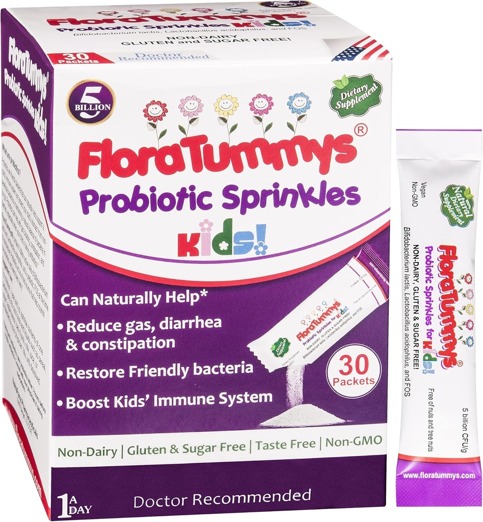 FloraTummys Probióticos para Niños: 30 Packets de Polvo Libre de Sabores, Libre de Alérgenos Alimentarios, No-Dairy, Libre de Pegamento, Libre de Azúcar, No-GMO, Vegan