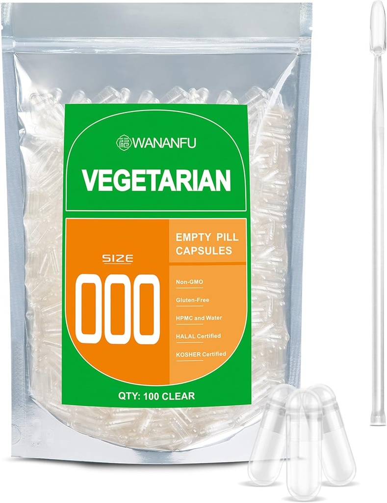 WANFU Size 000 Empty Capsules Vegetarian (100 Conde) Agrupar con Micro Lab Spoon, Limpiar Fillable Veggie Pill Capsules 000 para hacer sus propios suplementos