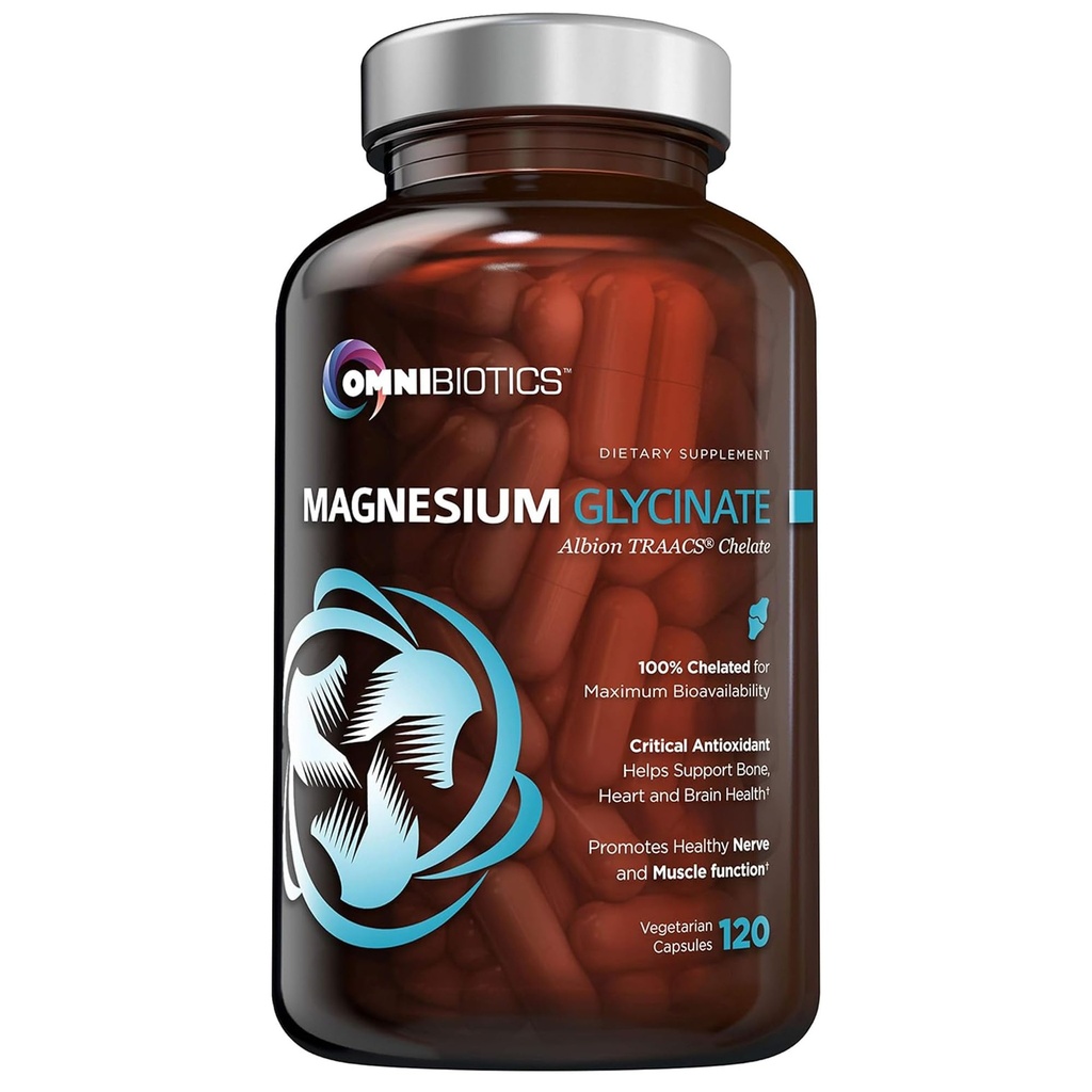 OmniBiotics Magnesium Glycinate Suplemento – con 100% Puro Albion TRAACS Bisglycinate Chelate for Sleep, Muscle, Nerve & Heart Health – 120 Vegan Capsules