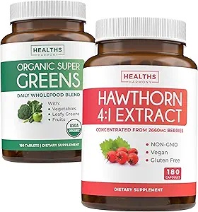 Super Greens " Hawthorn Extract (3-Month Supply) Super Berry Blend Bundle of Organic Super Greends Powder - Completo Superfood " Hawthorn Berry 4:1 Extract - High Strength Extract (180 cápsulas)