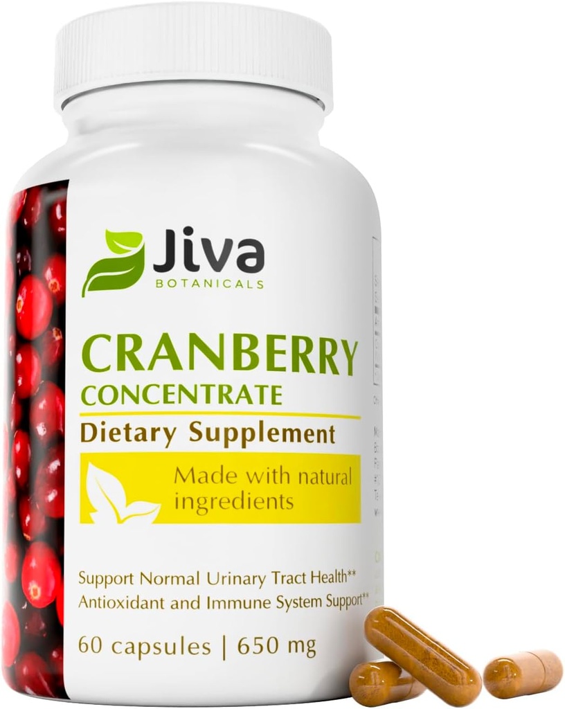 Jiva Botanicals Concentrated Cranberry Suplemento - 650 mg Cranberry Powder Extract Pills for Women - High Potency for Normal Urinary Tract Health - 60 Capsules (Pack of 1)