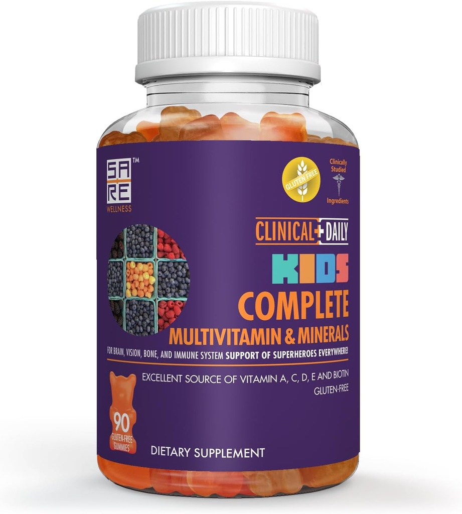 Clinical Daily Complete Kids Multivitamin Daily Gummy Supplement for Brain, Vision, Bone and Immune Health. Vitaminas A, C, E,D,B6,B12, Folate, Biotin, Minerales Esenciales. 90 gomas de goma libre de goma