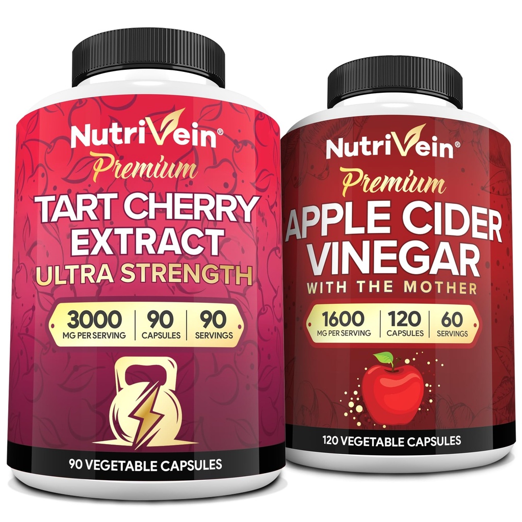 Nutrivein Premium Tart Cherry 500mg & Apple Cider Vinegar 1600mg Bundle - Muscle Recovery & Uric Acid Cleanse Plus Digestion Support & Weight Management - Non-GMO, Vegan/Vegetarian - 90 + 120 Pills