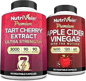 Nutrivein Premium Tart Cherry 500mg &amp; Apple Cider Vinegar 1600mg Bundle - Muscle Recovery " Uric Acid Cleanse Plus Digestion Support " Weight Management - Non-GMO, Vegan/Vegetarian - 90 + 120 pastillas