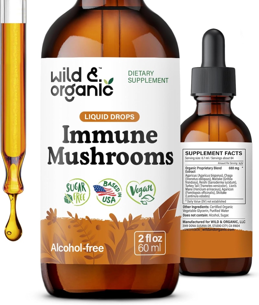Wild &amp; Organic Immune Mushrooms Tincture - 8-in-1 Mushroom Complex with Chaga, Turkey Tail, Lion's Mane, Reishi Extract - Immune Support Drops - Vegan, Sugar &amp; Alcohol-Free Liquid Supplement - 2 fl oz