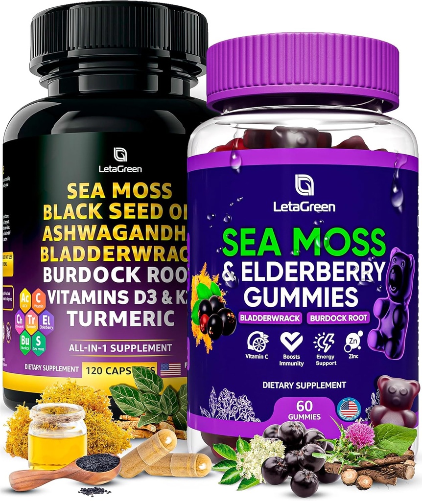 Sea Moss Capsules + Gummies Bundle, 60 Irish Sea Moss Gummies + 120 Ocean Wild SeaMos Capsules with Vitamins and Minerals