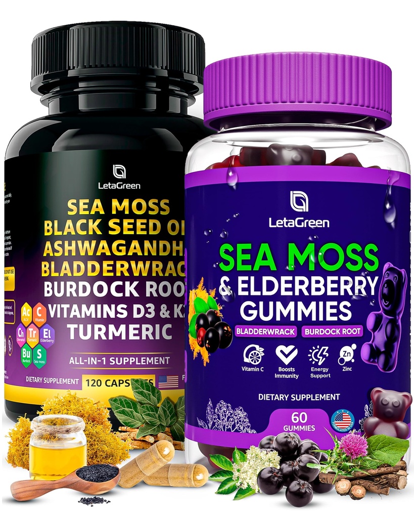 Sea Moss Capsules + Gummies Bundle, 60 Irish Sea Moss Gummies + 120 Ocean Wild SeaMos Capsules with Vitamins and Minerals