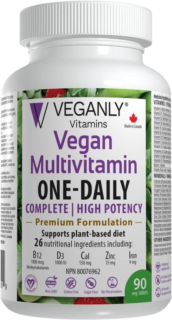 Vegan Multivitamina Un día, (90 Tablas de Veg). Soporte completo de nutrición para dietas vegetales, vegetarianas o vegetarianas. 26 Esenciales con alta potencia en B12 &amp; D3.