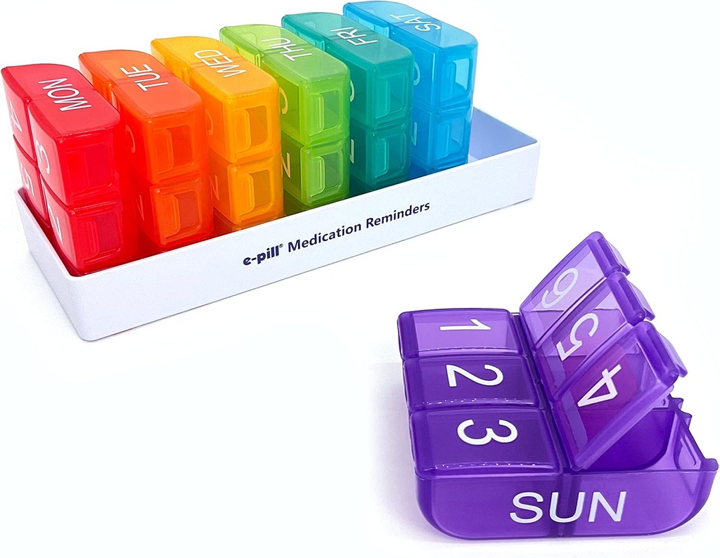 e-Pill 6 veces por día x 7 días organizador semanal de píldoras, vitamina y caja de medicina - Multicolor