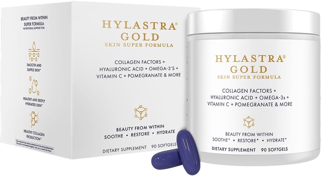 Productos de pureza Hilastra Gold Softgels Collagen + ácido hialurónico + hermosura Ingredientes Powerhouse - aumento de la hidratación de la piel y elasticidad - reduce las líneas finas ' arrugas - 90 Softgels