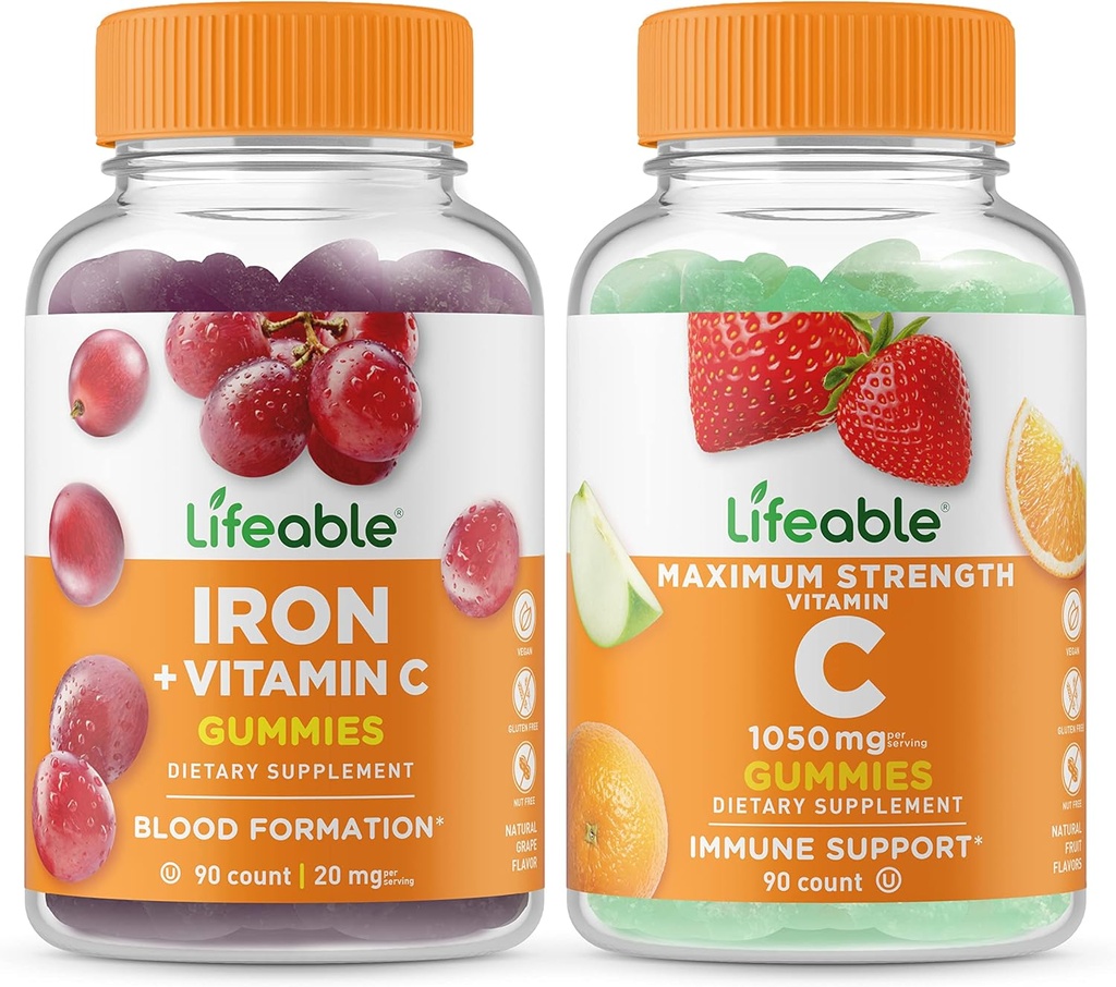 Lifeable Iron with Vitamin C + Vitamin C 1050mg, Gummies Bundle - Great Tasting, Vitamin Supplement, Gluten Free, GMO Free, Chewable Gummy