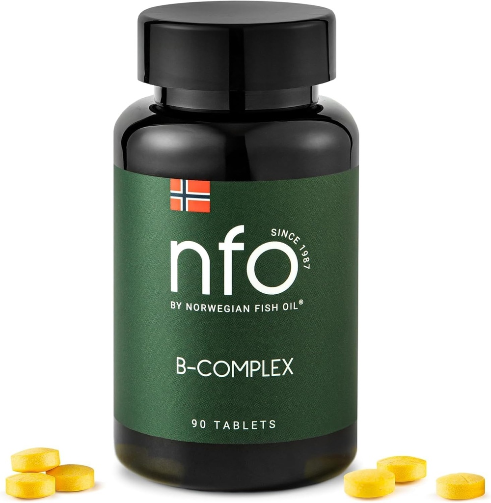 Complejo NFO de vitamina B [90 Tablets] Complejo natural noruego de dosis altas de multivitaminas del grupo B en una forma fácilmente accesible: B1, B2, B3, B5, B6, B9, B12 para hombres y mujeres hechos en Noruega