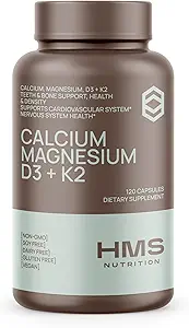 Calcio, Magnesio, Vitaminas D3 + K2 para la salud ósea, Apoyo inmunitario, Suplemento calcium de huesos y dientes para hombres, no transgénicos, libre de gluten, 120 cápsulas