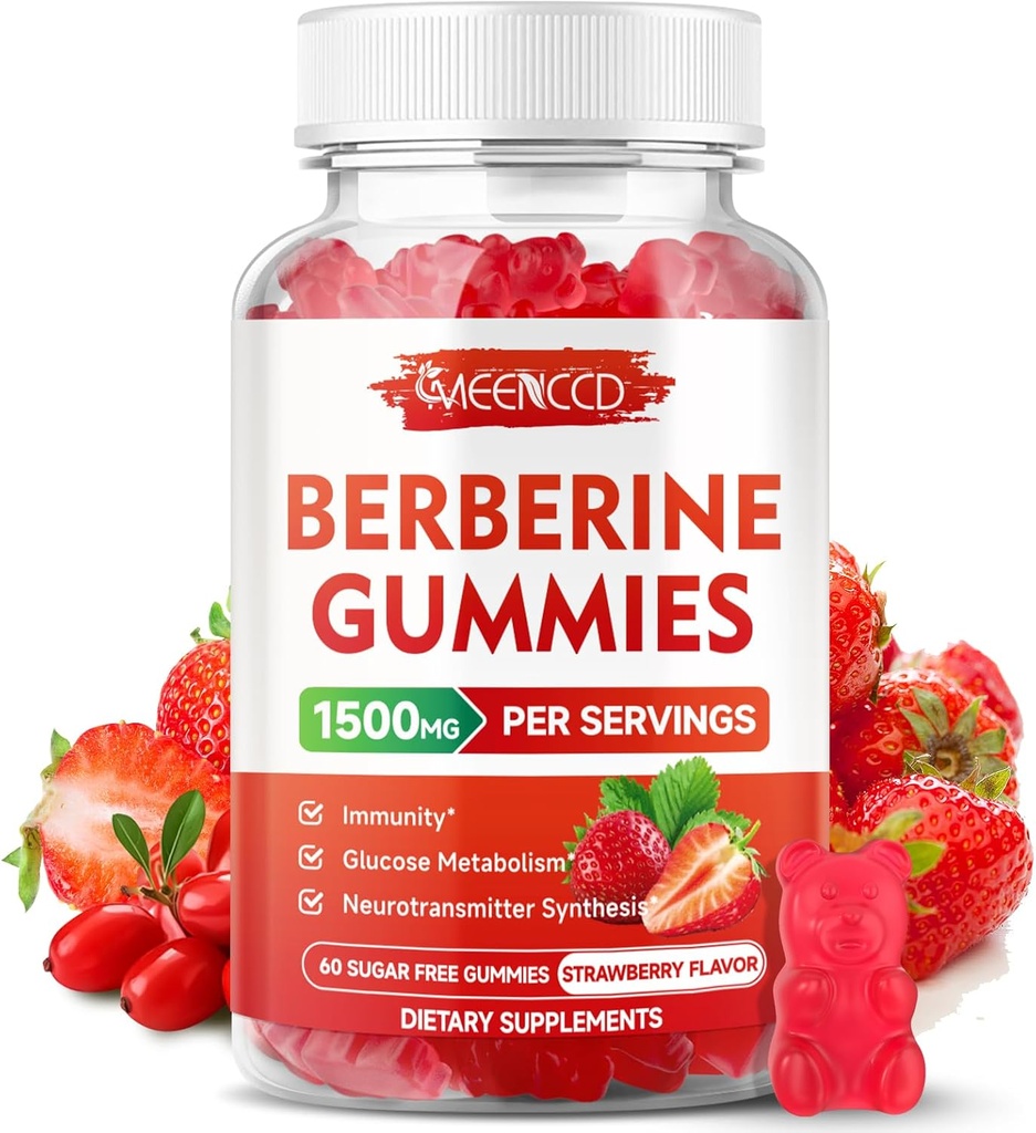 Berberine Gummies with Ceylon Cinnamon 1500mg High Potency Berberine HCL Supplement for Immune Support, Sugar Free, Vegan, Strawberry Flavor, 60 Condes