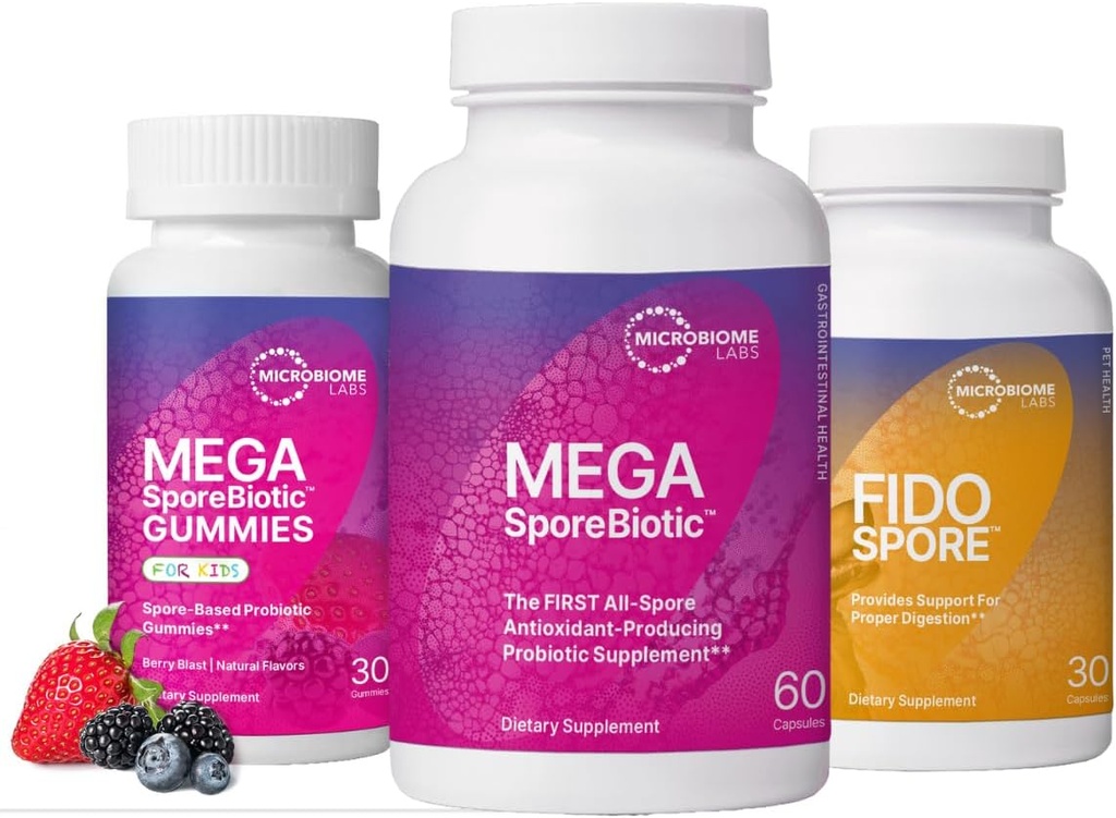 Laboratorios de microbioma enteros Familia Probiótico Bundle - MegaSporeBiotic para adultos, Gummies Probiótico para niños, y FidoSpore Probióticos para perros y gatos