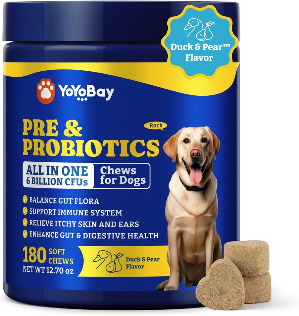 Probióticos para perros - Probióticos para perros para la salud digestiva, levadura, picazón, Gut Health, Immune & Skin - 6 millones de CFUs, 180 cerdas suaves, pato &amp; Pear Flavor - con prebióticos & enzimas digestivas