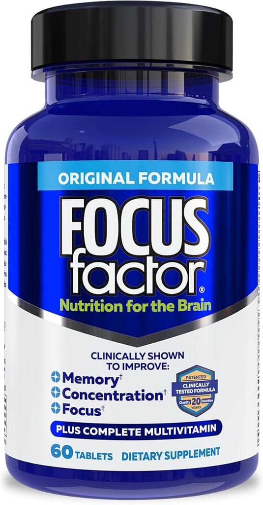 Factor de foco Nutrición para el cerebro, memoria mejorada y concentrado Suplemento cerebral, multivitamina completa con vitaminas B6, B12, D, Bacopa Monnieri " Tyrosine, 60 Con