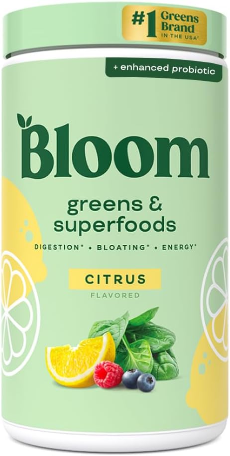 Bloom Nutrición Superalimentos Verdes Polvo, Enzimas Digestivos con Probióticos y Prebióticos, Salud Gut, Alivio de Bloating para Mujeres, Clorella, Mezcla de Jugo Verde con Polvo de Hoja, 60 SVG, Citrus