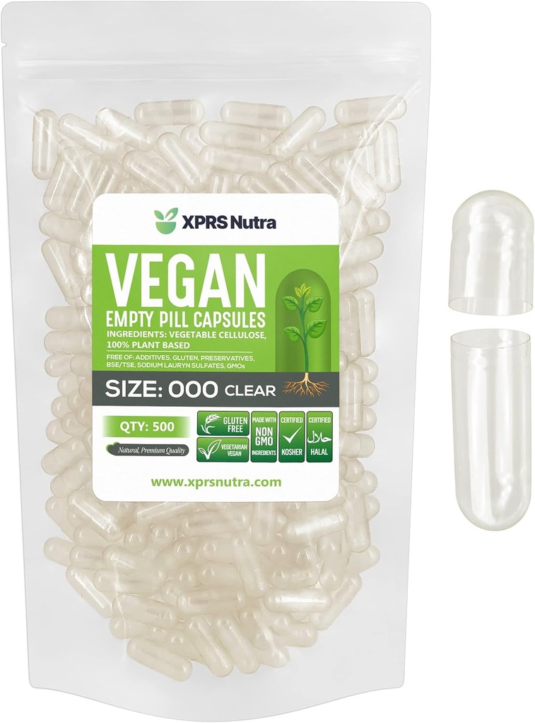 XPRS Nutra Vegan Size 000 Empty Capsules - 500 Cuentas Clear Empty Vegan Vegetarian Empty Pill Capsules - DIY Vegetable Capsule Filling - Veggie Caps Pills