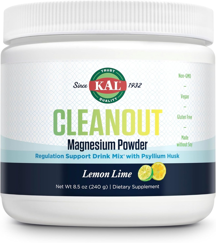 KAL Cleanout Magnesium Plus Psyllium Husk Powder - Limo de limón - Oxido de magnesio con suplemento de fibra - Regulación Soporte Bebida Mix - No Azúcar - Garantía de 60 días, 40 Servimientos, 8.5 OZ