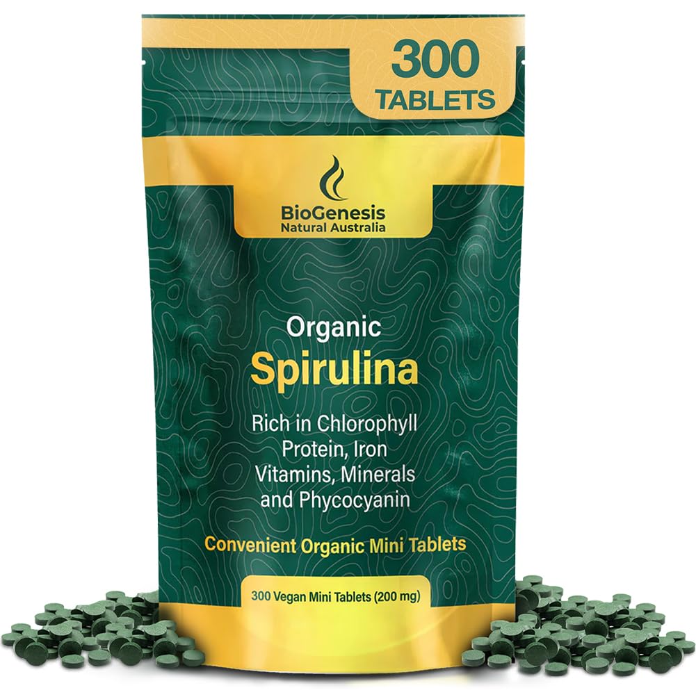 Biogenesis Organic Spirulina Mini Tablets – 300 Count (200 mg) | Australian Grown Blue-Green Algae | Rich in Phycocyanin, Chlorophyll & B Vitamins | Supports Daily Energy & Immunity | Vegan Mini Tabs