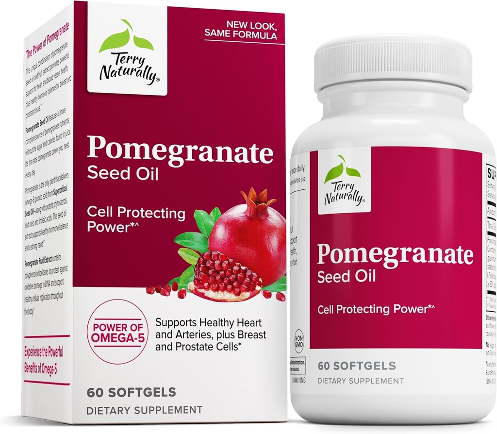 Terry Naturally Pomegranate Seed Oil - Dietary Supplement to Support Cardiovascular Health - Herbal Non-GMO Supplement with Omega-5 & Pomegranate Extract - 60 Softgels