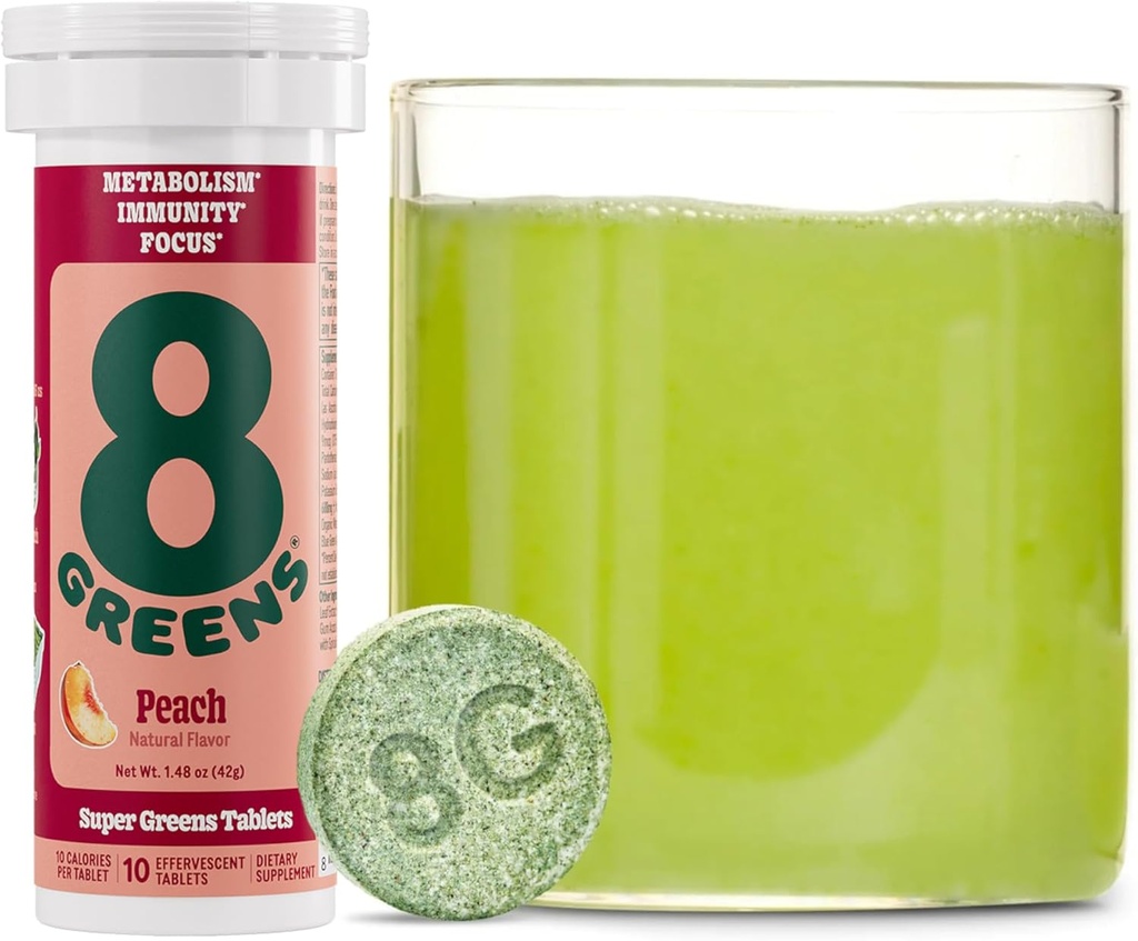 8Greens Supergreens Tablets ◾ Super Greens Powder Superfood Tablet, Metabolism Immunity & Focus, Daily Greens Effervescent Tablets, Organic: Aloe Vera, Spirulina, Chlorella, Peach, 10 Servings