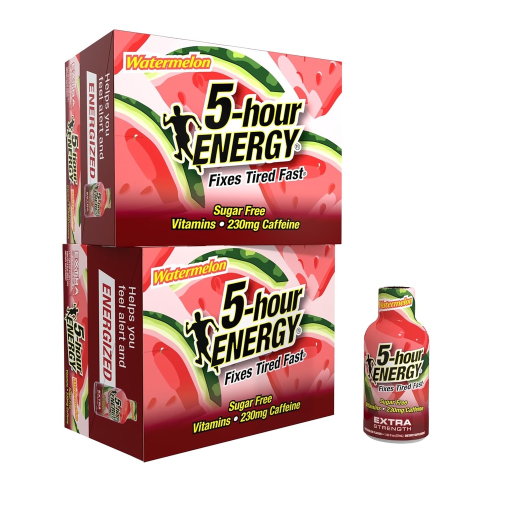 5 horas ENERGY Extra Strength Energy Shot, Watermelon Flavor (1.93 oz. - 24 Conde) Calories sin azúcar " Zero, B-Vitamins " Amino Acids, 230 mg Caffeinated Energy Shot, Suplemento dietético