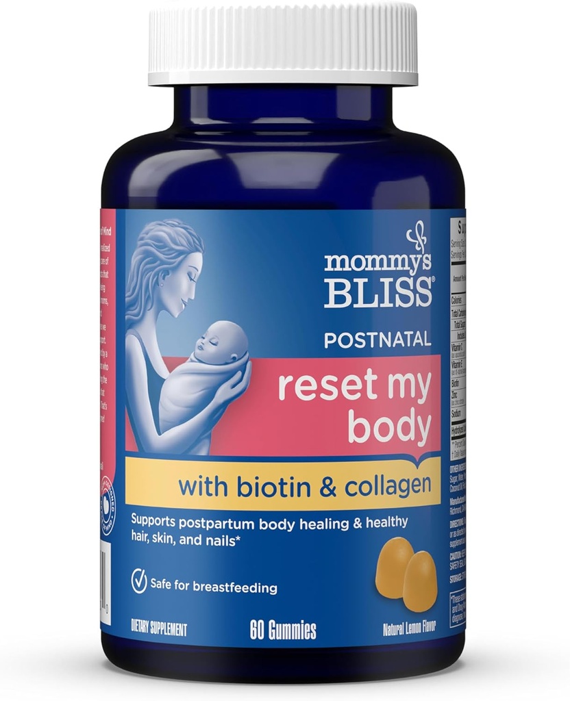 Apoyo postnatal de Mami Reiniciar mi cuerpo con biotina &amp; colagen, soporta energía posparto, curación " salud conjunta + cabello, piel " salud de uñas, sin gluten, 60 gomas (30 servidos)