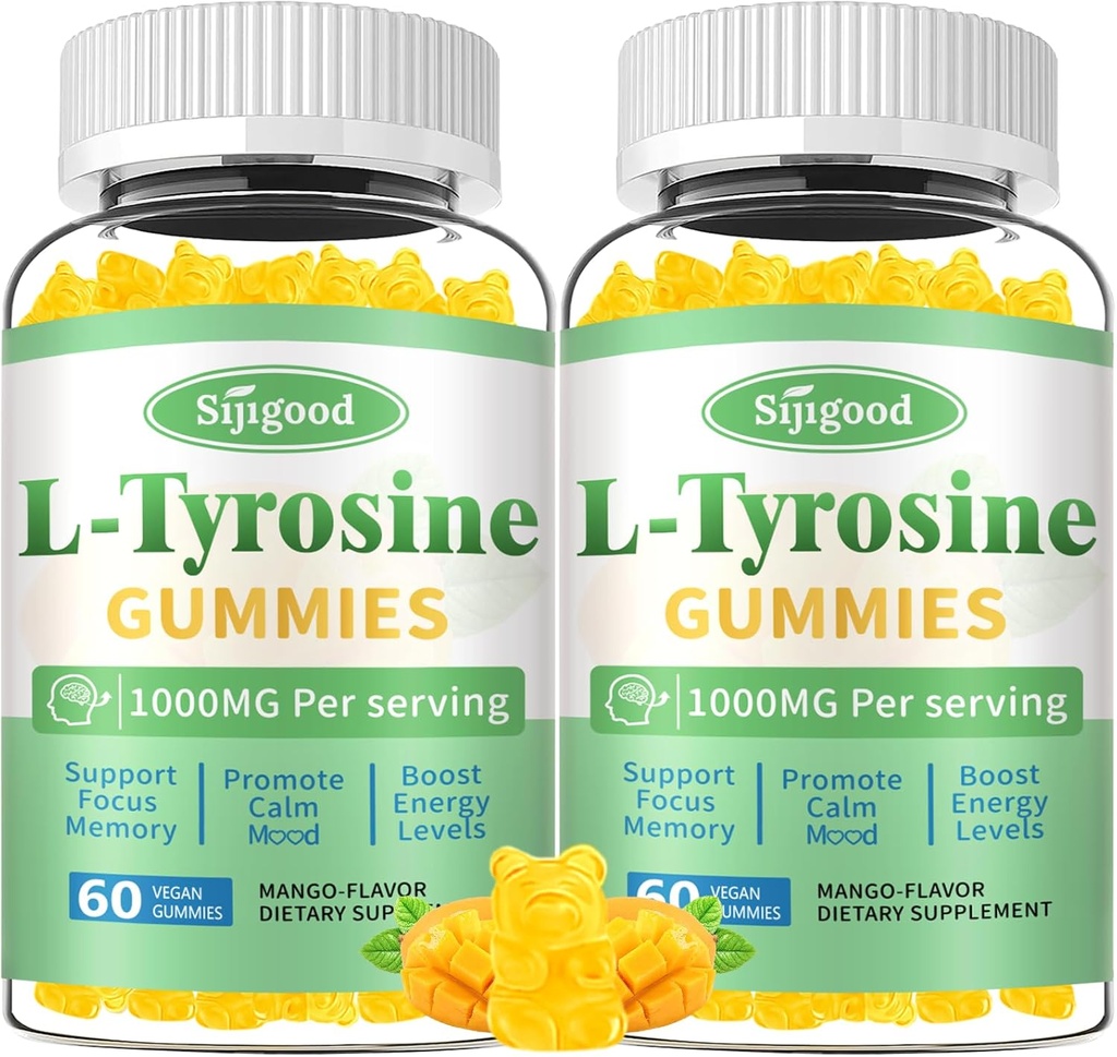 L-Tyrosine Gummies for Adults and Kids - 1000mg L-Tyrosine Supplement Focus Gummies for Brain, Mood, Energy Support, Vegan &amp; Gluten-Free, Mango Flavor, 120 Condes
