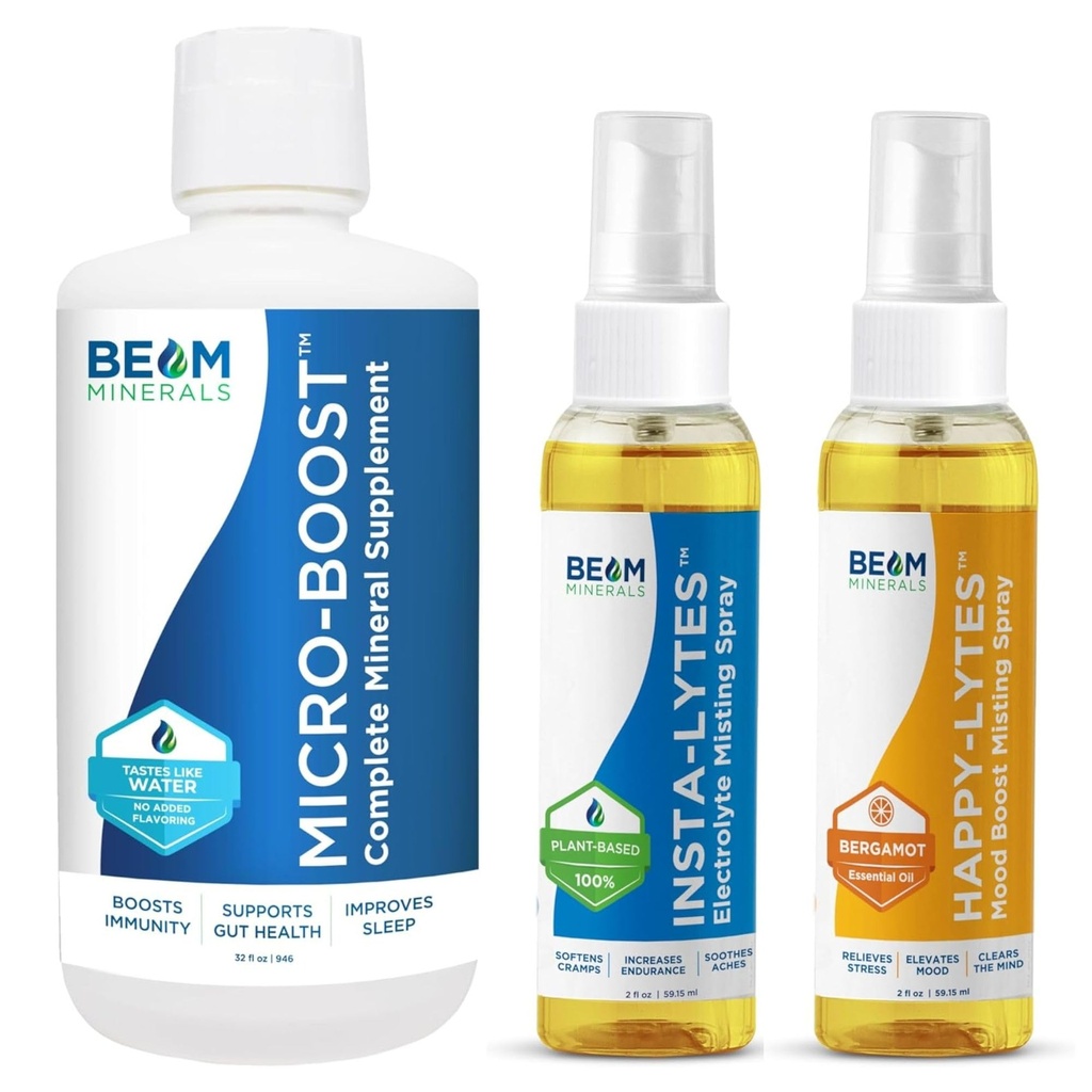 Beam Minerals Micro-Boost Humic Mineral Blend and Insta-Lytes Natural Liquid Electrolytes 2oz y Happy-Lytes Fluvic Electrolyte Espray 2oz