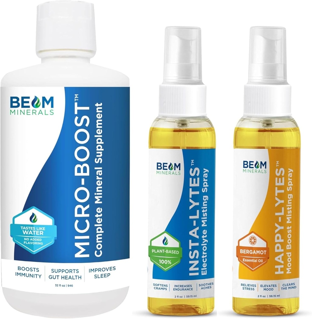 Beam Minerals Micro-Boost Humic Mineral Blend and Insta-Lytes Natural Liquid Electrolytes 2oz y Happy-Lytes Fluvic Electrolyte Espray 2oz