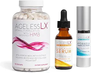 AgelessLX Suplemento Cápsula para Mujer con HMB + Hidrasilk Eye Cream 0.5 OZ + Brillante Glow Face Serum 1 Fl OZ para Mujer Bundle
