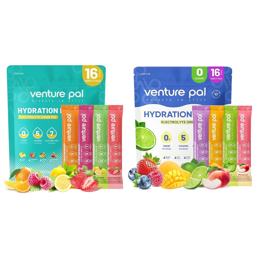 Venture Pal Sugar Free Electrolyte Powder Packets - Liquid Daily IV Drink Mix for Rapid Hydration & Party Recovery | 5 Vitamins & 7 Electrolytes| Keto Friendly | Non-GMO | Certified Vegan | 16 Sticks