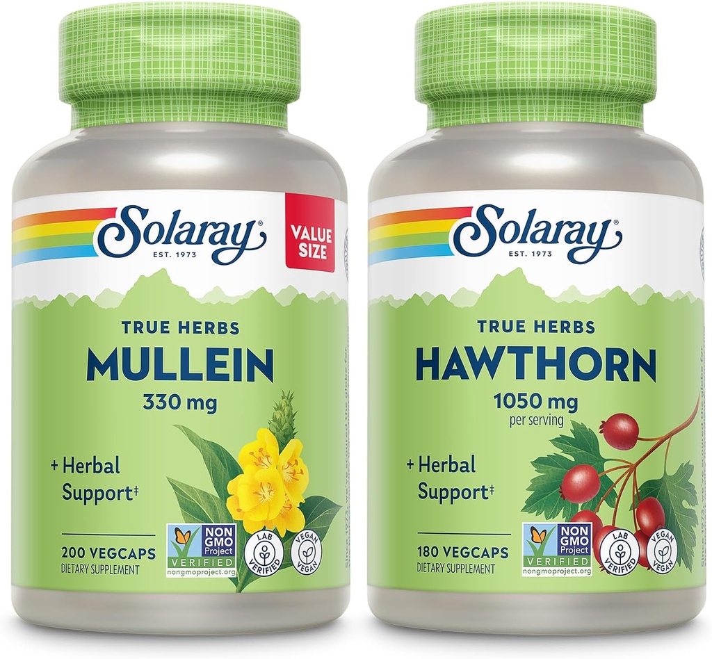 SOLARAY Mullein Leaf 330 mg y Hawthorn Berry capsules 1050 mg - Soothing Herbal Support Bundle for General Health and Wellness - Vegan, Non-GMO, 60-Day Guarantee, Lab Verified, 200/180 VegCaps