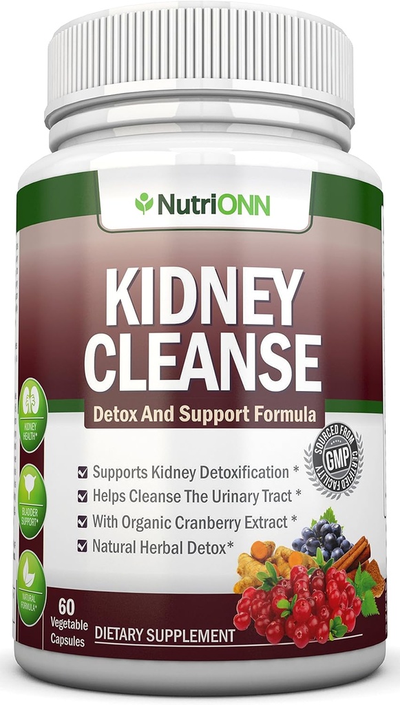 KIDNEY CLEANSE - Detox and Support For Urinary Tract, Bladder and Kidneys - All Natural Herbal Supplement Formula With Organic Cranberry, Astragalus, Turmeric, Goldenrod, Gravel Root, Juniper y Más