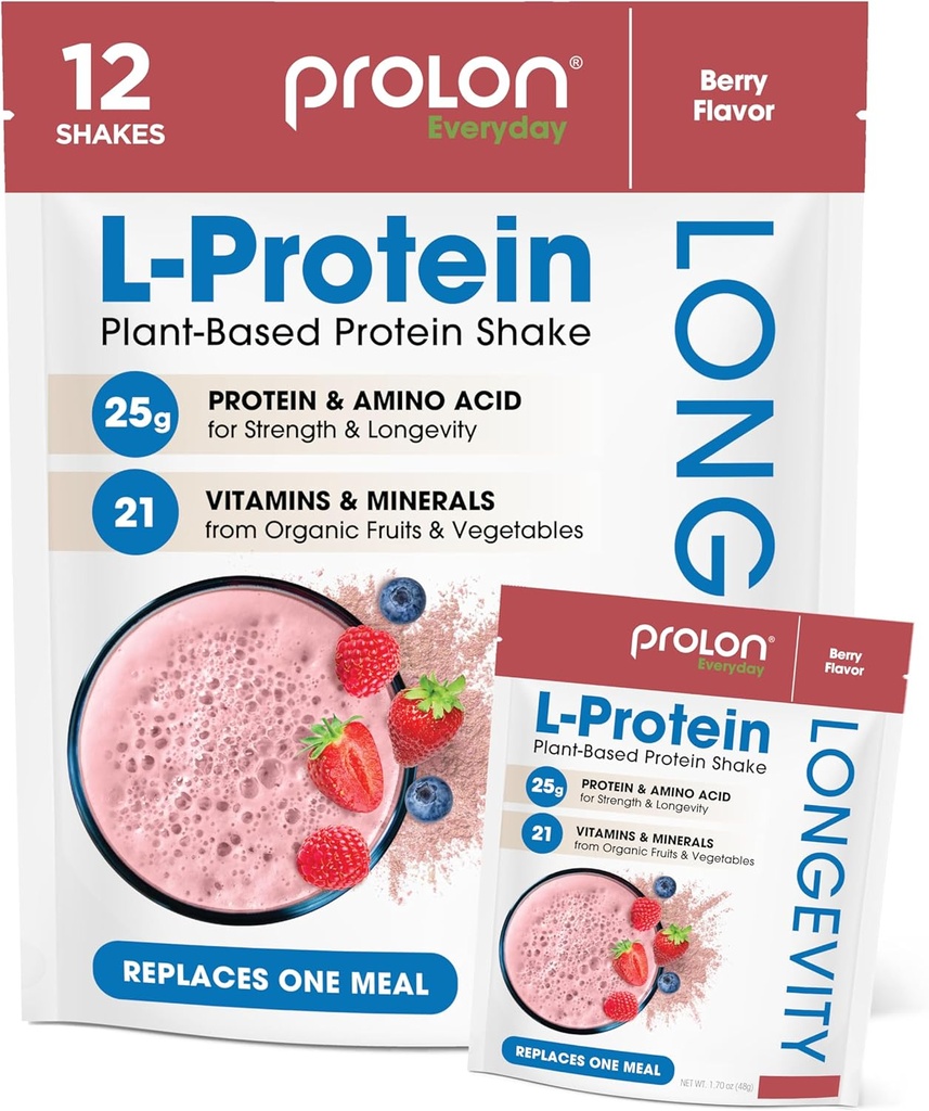 Prolon Longevity Plant Based Protein Powder ← Muscle Synthesis " Repair, Healthy Aging, Boost Performance ¦ Vitamins, Gluten Free, Amino Acids, Antioxidants latitud 25g of Protein  durable Berry, 12 Packets