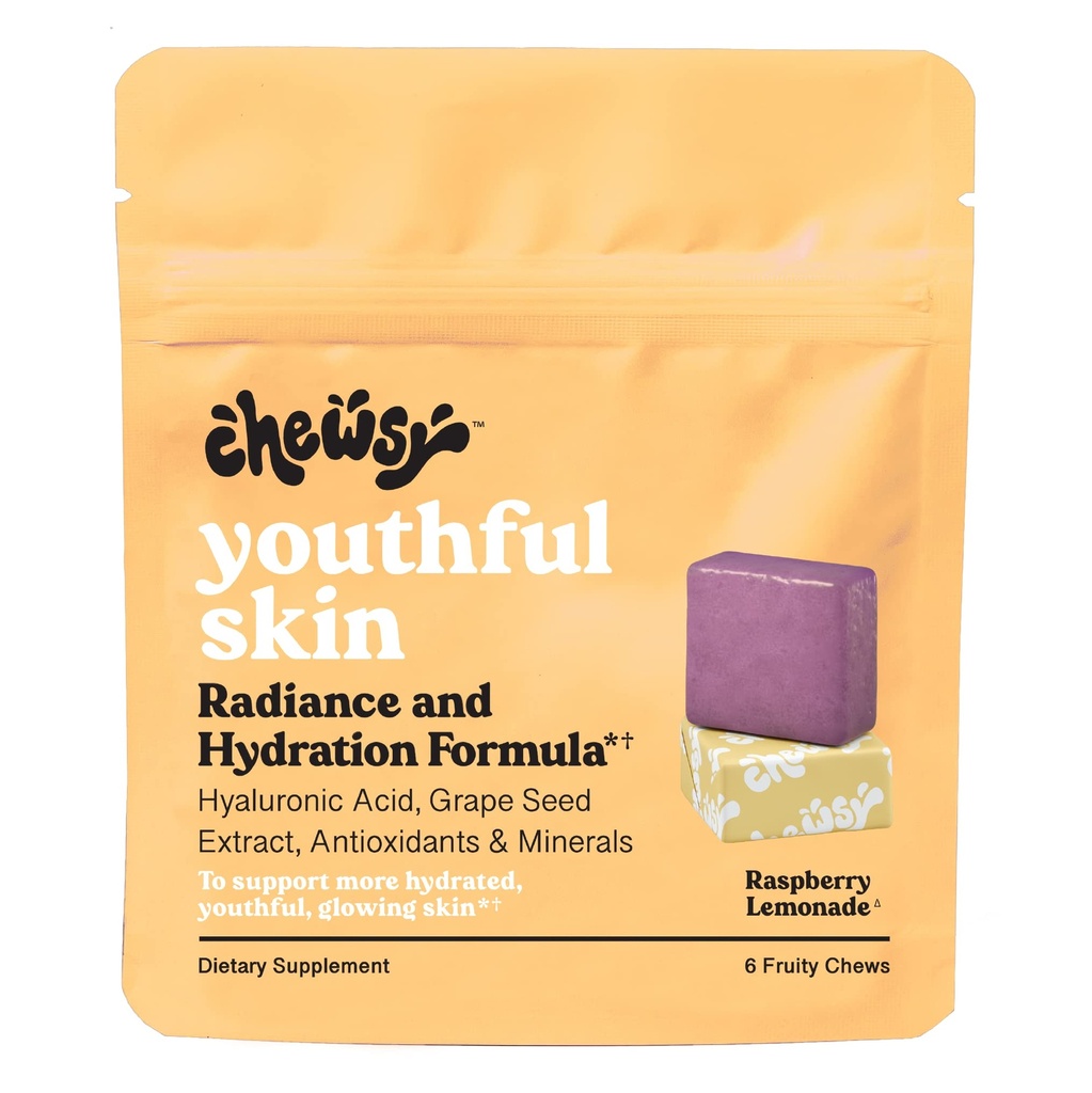 Piel Juvenil Chewsy, Vitaminas Frutas, Fórmula de Radiancia & Hidratación, Ácido Hialurónico, Extracto de semillas de uva, Antioxidantes & Minerales, Vitaminas Raspberry Lemonade Flavor Suministro de 6 Días