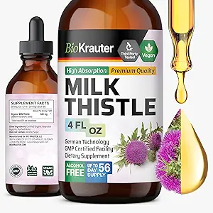 BIO KRAUTER Milk Thistle Extract Liquid - Silymarin Milk Thistle Supplement - Vegan, Alcohol &amp; Sugar Free Liver Cleanse Detox Drops - 4 fl oz