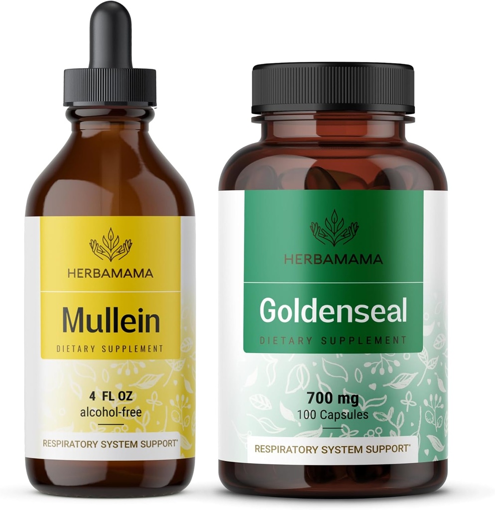 HerBAMAMA Mullein Leaf Extract and Goldenseal Capsules Kit - Bundle of Mullein Leaf Tincture 4 fl oz y 700 mg Goldenseal Root Capsules - Vegan, Non-GMO, Sugar &amp; Alcohol-Free - 2 Pack