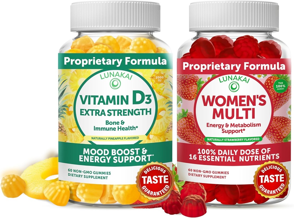 Lunakai Vitamina D3 Gummies and Women's Multivitamin Gummies Bundle - Immunity, Bone and Mood Support Suplemento - 100% Valor diario de 16 vitaminas esenciales y minerales Gummy saludable - 30 días de suministro